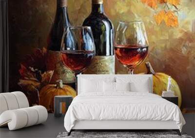 Still life painting with wine bottles, grapes, pumpkins and autumn leaves. Wall mural