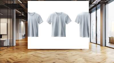 Three white t-shirts are shown in a row, each with a different design Wall mural