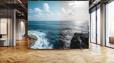 Two different views of the ocean, one with a cloudy sky and the other with a clear sky Wall mural