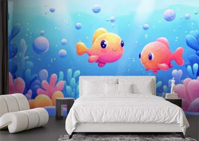 Two fish swimming in a blue ocean with pink and blue coral. The fish are smiling and seem to be enjoying their time in the water Wall mural