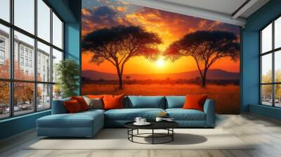 Two trees are silhouetted against a beautiful sunset Wall mural