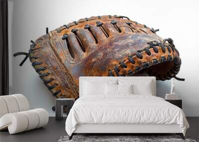 Vintage brown leather baseball mitt isolated on white background Wall mural