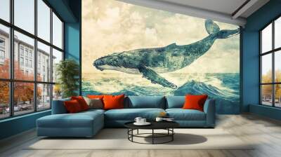 Vintage style illustration of a humpback whale leaping from the ocean. Wall mural