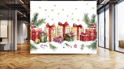 Watercolor illustration of Christmas advent calendar with gifts, snow, and fir branches. Wall mural