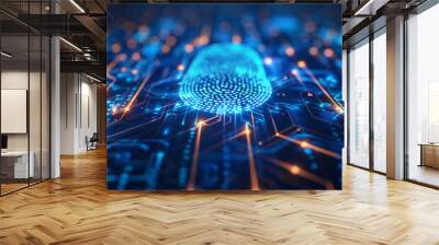 A blue and orange computer chip with a fingerprint on it by AI generated image Wall mural