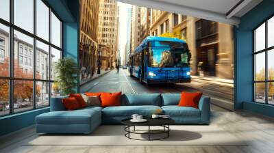 A blue bus is driving down a city street by AI generated image Wall mural