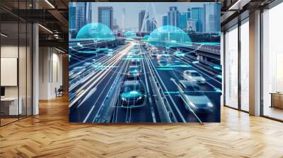 A busy city street with cars and a bridge in the background by AI generated image Wall mural