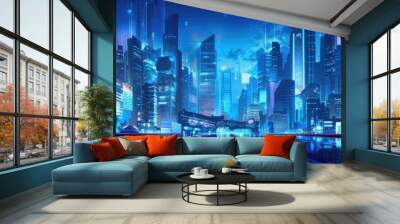 A cityscape with a blue sky and a reflection of the city in the water by AI generated image Wall mural