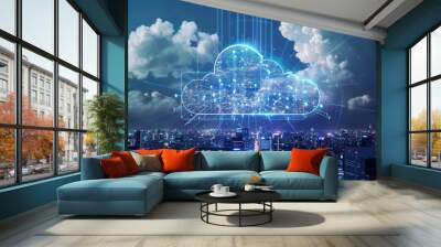 A cloud of data is projected onto a city skyline by AI generated image Wall mural