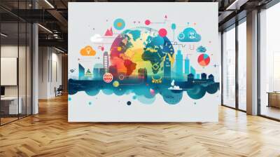 A colorful drawing of a globe with many cities and buildings on it by AI generated image Wall mural