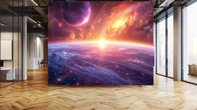 A colorful space scene with a planet and a sun by AI generated image Wall mural