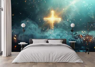 A cross is shining brightly in the sky above a cloudy, starry night by AI generated image Wall mural