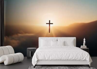 A cross is shown in the sky with the sun shining on it by AI generated image Wall mural