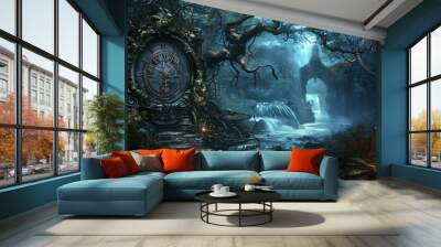 A dark forest with a large clock tower in the middle by AI generated image Wall mural