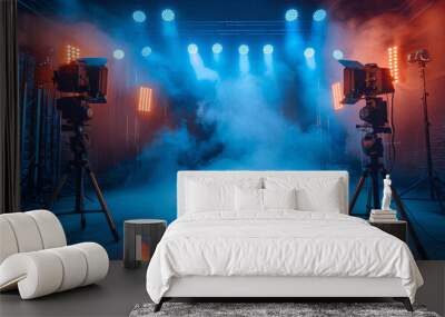 A dark room with two tripods and a fog machine by AI generated image Wall mural