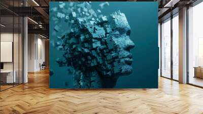 A face made of blocks is shown in a blue background by AI generated image Wall mural