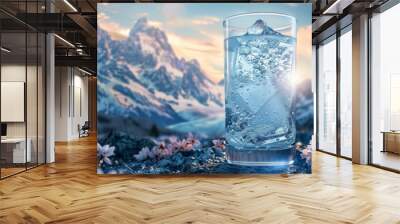 A glass of water is sitting on a rock in front of a mountain range by AI generated image Wall mural