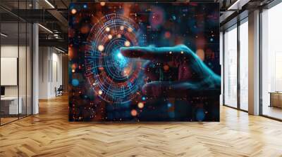 A hand is pointing at a computer screen with a lot of different icons by AI generated image Wall mural