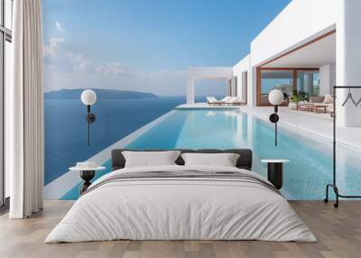 A large pool with a white house and a blue ocean in the background by AI generated image Wall mural