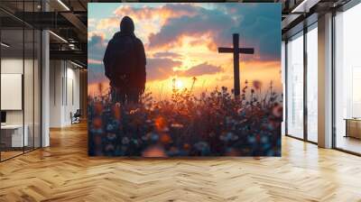 A man is kneeling in front of a church with a cross on the front by AI generated image Wall mural