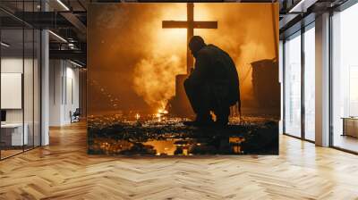 A man is kneeling in front of a church with a cross on the front by AI generated image Wall mural