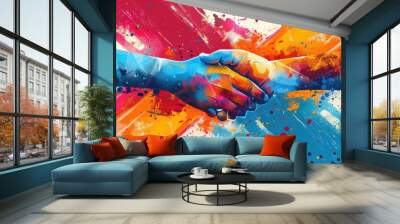 A painting of two hands shaking hands with a splash of colors in the background by AI generated image Wall mural