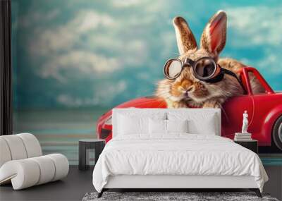 A rabbit is wearing goggles and sitting in a red car by AI generated image Wall mural