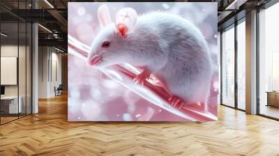 A small white mouse is on a strand of DNA by AI generated image Wall mural