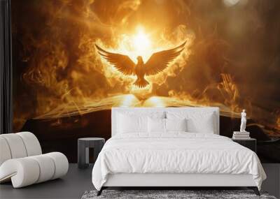 A white dove is flying over an open book by AI generated image Wall mural