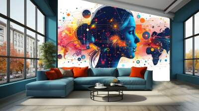 A woman's face is surrounded by a colorful, abstract background by AI generated image Wall mural