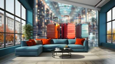 Four suitcases of different colors are lined up on the ground by AI generated image Wall mural