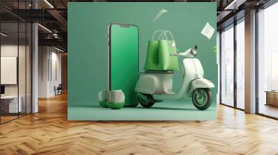 Green food bag or box is placed on white motorcycle or scooter. and all on smartphone with green screen and receipt paper by AI generated image Wall mural