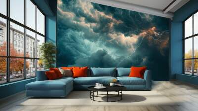 The sky is dark and cloudy with a few lightning bolts by AI generated image Wall mural