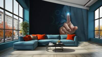  business man hand pointing at abstract glowing polygonal sphere and digital business interface on blurry blue background. Future, innovation and technology concept. Wall mural