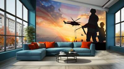 Double exposure Silhouette of Soldier on the United States flag in sunset for Veterans Day is an official USA public holiday background,copy space. Wall mural