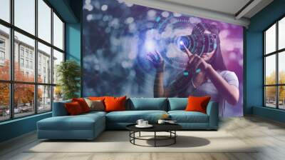 Metaverse digital cyber world technology, woman with virtual reality VR goggle playing AR augmented reality game and entertainment, futuristic lifestyle Wall mural