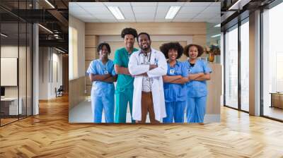 Young African american male doctor smiling while standing in a hospital  with a diverse group of staff in the background Wall mural