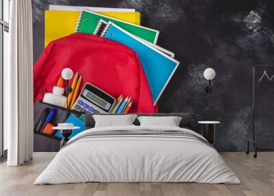 Backpack With School Supplies on a Blackboard Background Wall mural