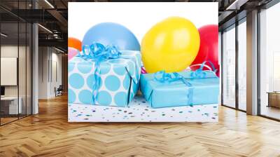 Blue Birthday Presents With Party Decorations on a White Background Wall mural