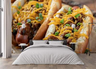 Chili hot dogs with shredded cheddar cheese and chopped green onions Wall mural