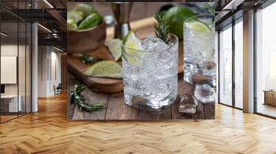 Gin and tonic cocktail with lime. rosemary and ice Wall mural