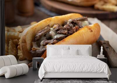 Philly cheesesteak submarine sandwich and french fries Wall mural