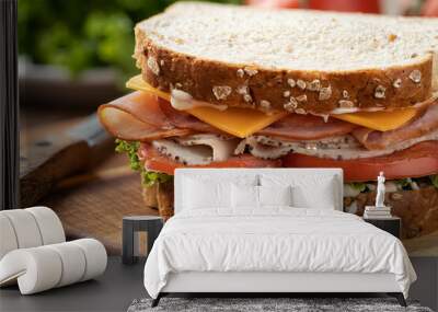 Turkey and ham sandwich on whole grain bread Wall mural