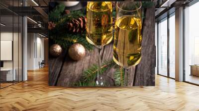 Two Glasses of Champagne on Wooden Table Wall mural