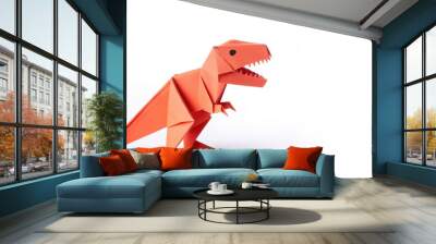 Animal extinct reptile or bird concept origami isolated on white background of a tyrannosaurus rex or T rex, with copy space, simple starter craft for kids Wall mural