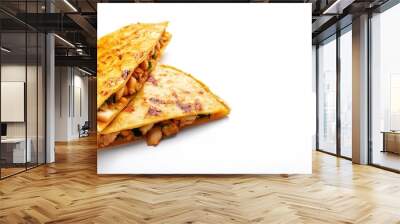 Chicken Quesadilla. Grilled tortilla stuffed with melted cheese and tender chicken, often served with salsa, sour cream, and guacamole. Isolated on white background with copy space Wall mural