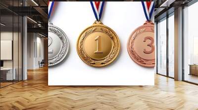 Gold 1, silver 2 and bronze 3 medal. isolated on white background with copy space.  Top 3 first, second and third place finishers in a race, marathon or Olympic competition event Wall mural