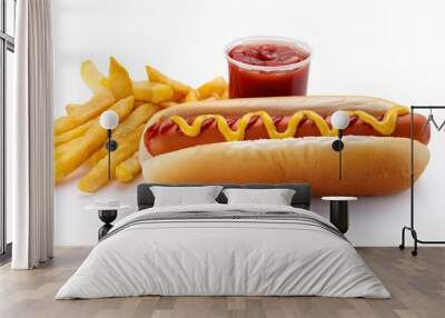 hotdog or hot dog is a dish consisting of a grilled, steamed, or boiled sausage served in the slit of a half sliced bun served with french fries, ketchup and mustard.  isolated on white background Wall mural