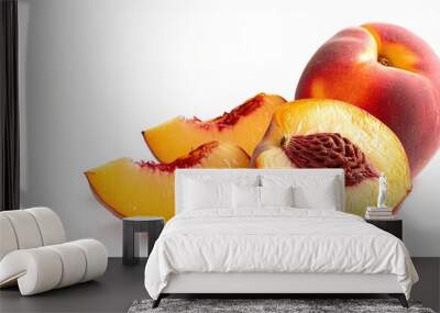 peach - Prunus persica - is a deciduous tree whos fruit was first domesticated and cultivated in China. Similar to a nectarine but with a fuzzy furry skin. Isolated on white background with copy space Wall mural