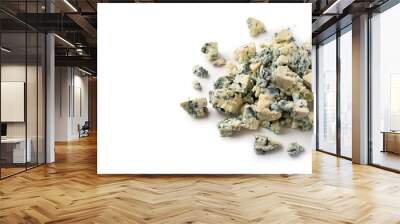 Pieces of salty roncari blue cheese crumble from raw sheep milk made with the addition of cultures of edible molds, which create blue green spots or veins through the cheese Isolated on white Wall mural